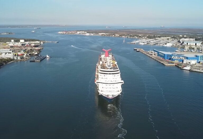 Aerial drone view of Port Galveston - Port Galveston cruise parking
