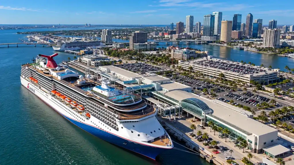Aerial drone view of cruise port Tampa Bay - Tampa Bay Cruise Parking